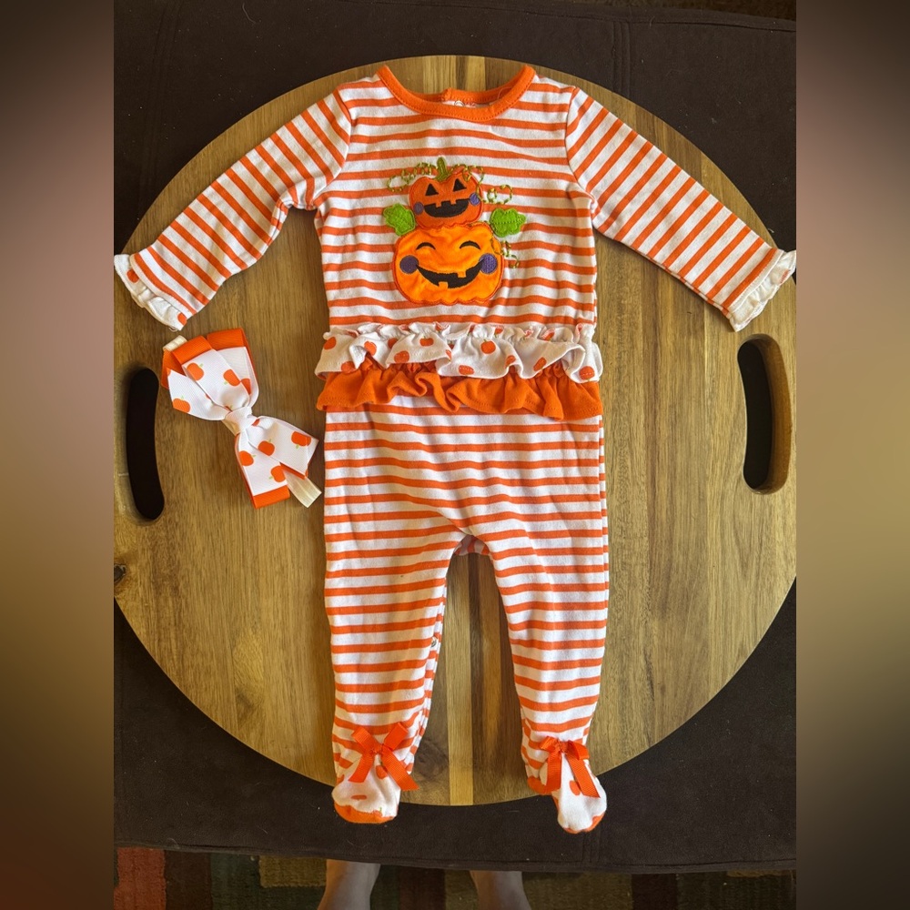 Baby Essentials Halloween Pumpkin Orange Striped Footie with Bow